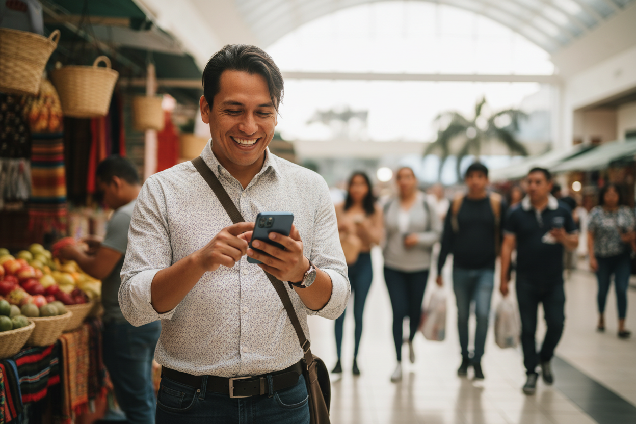 una persona de colombia, comprando desde su celular, sonriendo 